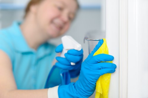 Professional cleaner maintaining a meeting room in a Camberwell office